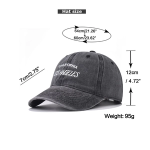 Detailed size specifications for washed denim Los Angeles baseball cap in dark grey