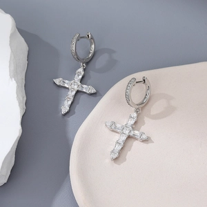 Elegant 925 sterling silver cross earrings featuring shimmering zircon stone inlay