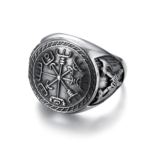 Vintage silver Viking compass signet ring with Nordic runes in polished stainless steel