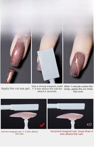 Dual-head nail magnet tutorial showing 1-3mm distance and 5s hold for cat-eye effect