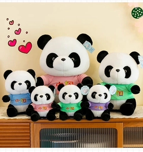 Cute panda plush toys in various sizes wearing colorful shirts, perfect for China souvenirs.