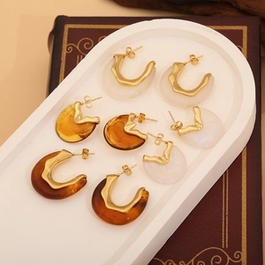 Retro C-Shaped Hoop Earrings Irregular Resin Stainless Steel Earring Post Geometric Light Luxury Jewelry For Women