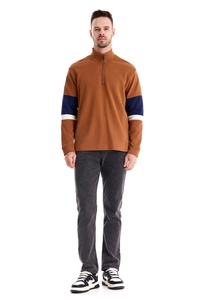 Front full view of men's brown long-sleeve polo sweatshirt with color block sleeves