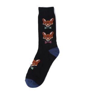 Detail of black crew socks with blue heel and colorful cartoon fox patterns