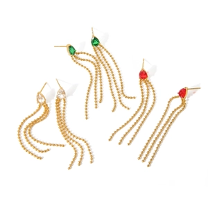 18k gold plated stainless steel teardrop crystal earrings with elegant bead chain tassels