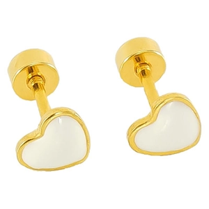 Boucles d'oreilles cœur en or minimalistes avec émail blanc et fermeture à vis sécurisée