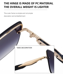 Detail of metal frame sunglasses with PC hinges and geometric side decoration elements