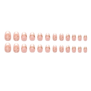 French style 24pcs pink press-on nails with golden flower patterns and 3D crystal accents