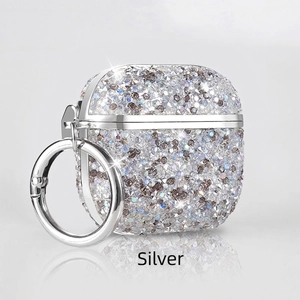 Macro shot of silver rhinestone AirPods case with luxury sparkling diamond finish