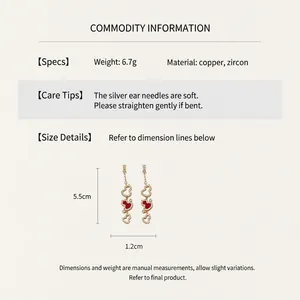 Detail view of gold-plated gourd tassel earrings with zircon inlay and dimensions