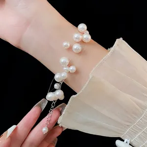 Elegant French-style layered pearl choker necklace with silver adjustable metal chain