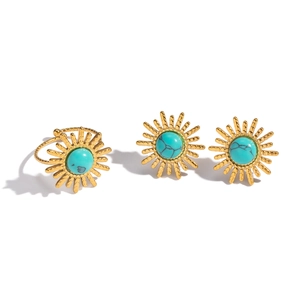 Vintage golden sunburst jewelry set with natural turquoise stone ring and stud earrings