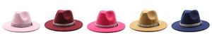 Flat brim wool jazz hats in pink, deep red, rose, yellow and navy with glitter bands