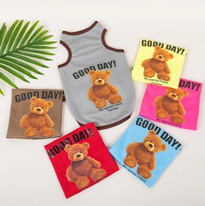 Detailed close-up of six colorful breathable mesh pet vests with cute bear prints