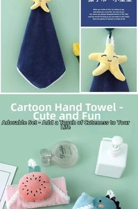 Detail of soft coral fleece hand towels with cute cartoon designs and hanging loops
