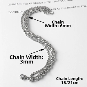 Double-layer stainless steel bracelet featuring 6mm wheat chain and 3mm square box chain link