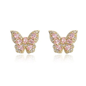 Detail of luxury 18K gold butterfly earrings with pink gemstones and clear crystals