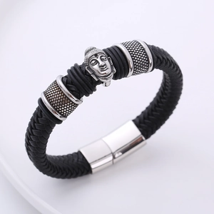 Bracciale da uomo in pelle intrecciata con testa di Buddha d'argento e chiusura magnetica