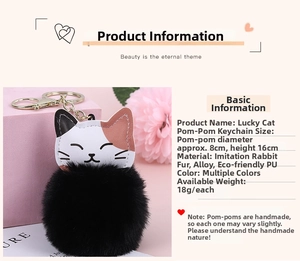 Close-up of Maneki Neko faux rabbit fur keychain with dimensions and material specs