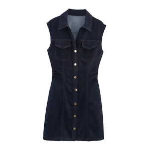 Mouwloze Denim Mini Jurk Retro Amerikaanse Stijl Knoopsluiting Slim Fit Reverskraag Contraststiksels Vintage Voor Dames