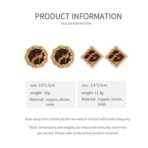 Detailed specs for leopard resin earrings with copper and zircon crystal settings
