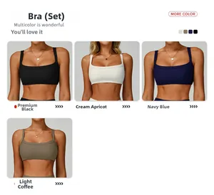 Detail of ribbed yoga bra set in four colors with U-neck design and stretch fabric texture
