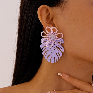 Artistic purple bead flower leaf earrings with bohemian vacation style for women