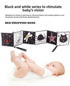 Detail of high-contrast black and white fabric book with cute cartoon animals for infant vision