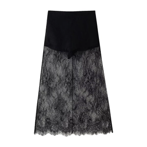 Women's elegant black lace midi skirt with detailed floral patterns on a white background