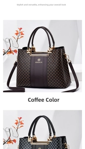 Detail view of leather handbag featuring letter monogram and brand logo with gold hardware