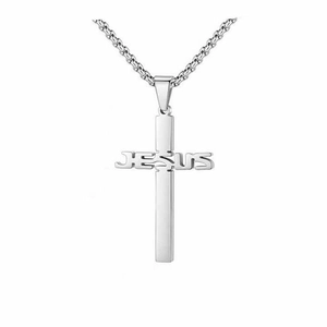 Silver stainless steel cross pendant necklace with JESUS engraving on a metal chain