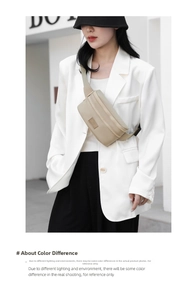 Detail of a beige multi-layer waterproof Oxford waist bag worn by a model