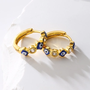 18K gold plated hoop earrings with blue evil eye patterns and clear zircon accents