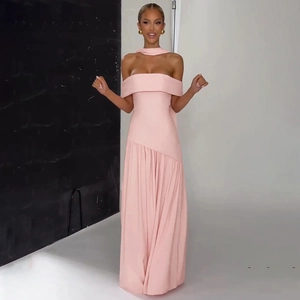 Detail shot of the pink off-shoulder slim maxi dress with stylish side slit and elegant ribbons
