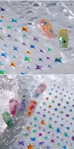 Detailed holographic star nail stickers with laser aurora effect and galaxy patterns