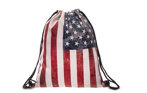 Detail of vintage American flag drawstring backpack with retro texture and black cords