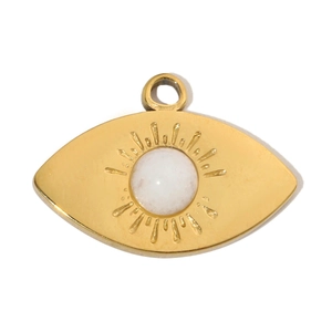 Detail of sunburst eye pendant with white stone inlay and gold-plated finish