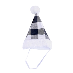 Bonnet de Noël pour animaux avec motif à carreaux noir et blanc et pompon en fausse fourrure