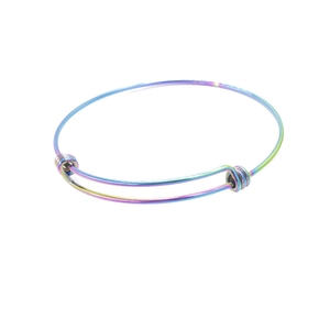 Detail of 1.8mm rainbow gradient stainless steel wire bracelet with adjustable coil