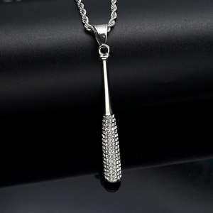 Hip hop silver baseball bat pendant necklace with iced out crystals on twist rope chain