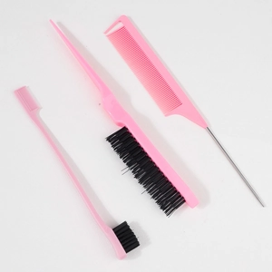 Three-piece pink hair styling tool set with edge brush, teaser brush, and rat tail comb