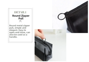 Detail of the black mesh bag featuring a large circular metal zipper pull and durable nylon