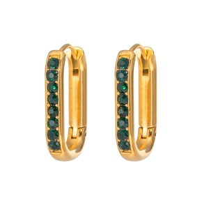 Detail view of U-shaped gold earrings with embedded green crystals and latch closure