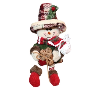 Pupazzo di neve natalizio in peluche con cappello a quadri e borsa di juta a cuore