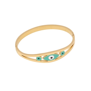 Vintage stainless steel evil eye bangle with colorful enamel inlay on gold finish