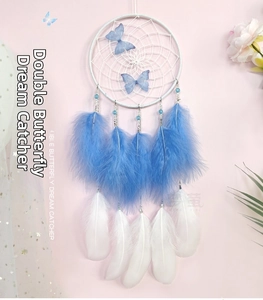 Detail of dream catcher featuring blue butterflies, feathers and beads on pink background