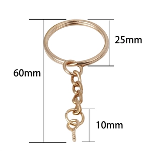 Golden metal 25mm key ring with chain and 10mm eyelet screw, total length 60mm