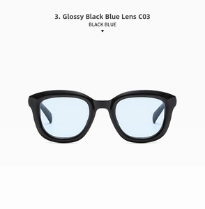 Front view of retro round black frames with blue tinted lenses in high quality finish