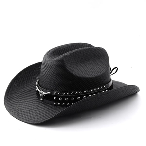 Classic black woven western cowboy hat with studded leather band and silver bull head icon