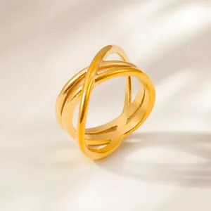 French Design Crossover Intertwined Ring Titanium Steel 18K Gold Plated Hollow Line Geometric Wide Band Ring For Women Fashion Jewelry
